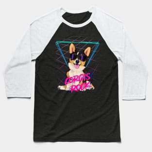 Corgis rock - Tri-color corgi with sunglasses and 80s background Baseball T-Shirt